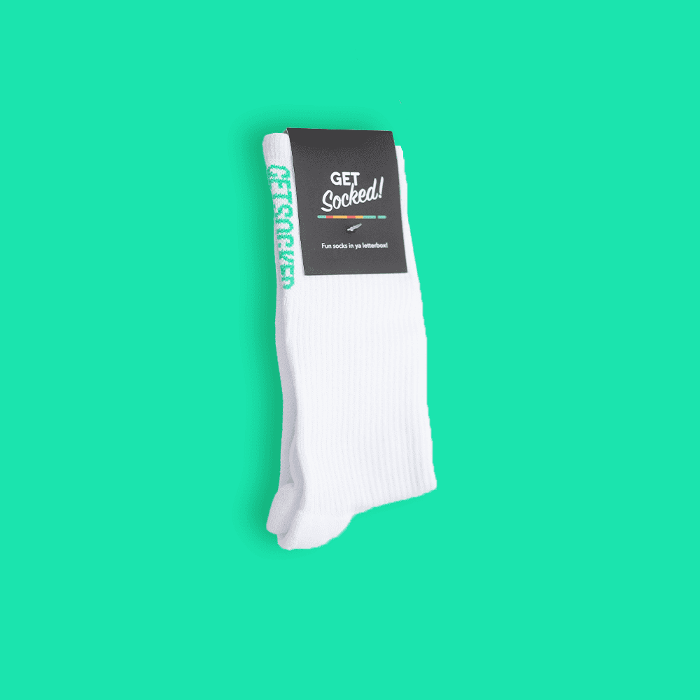 Unisex Gym Socks - White with Green Writing - GetSocked!