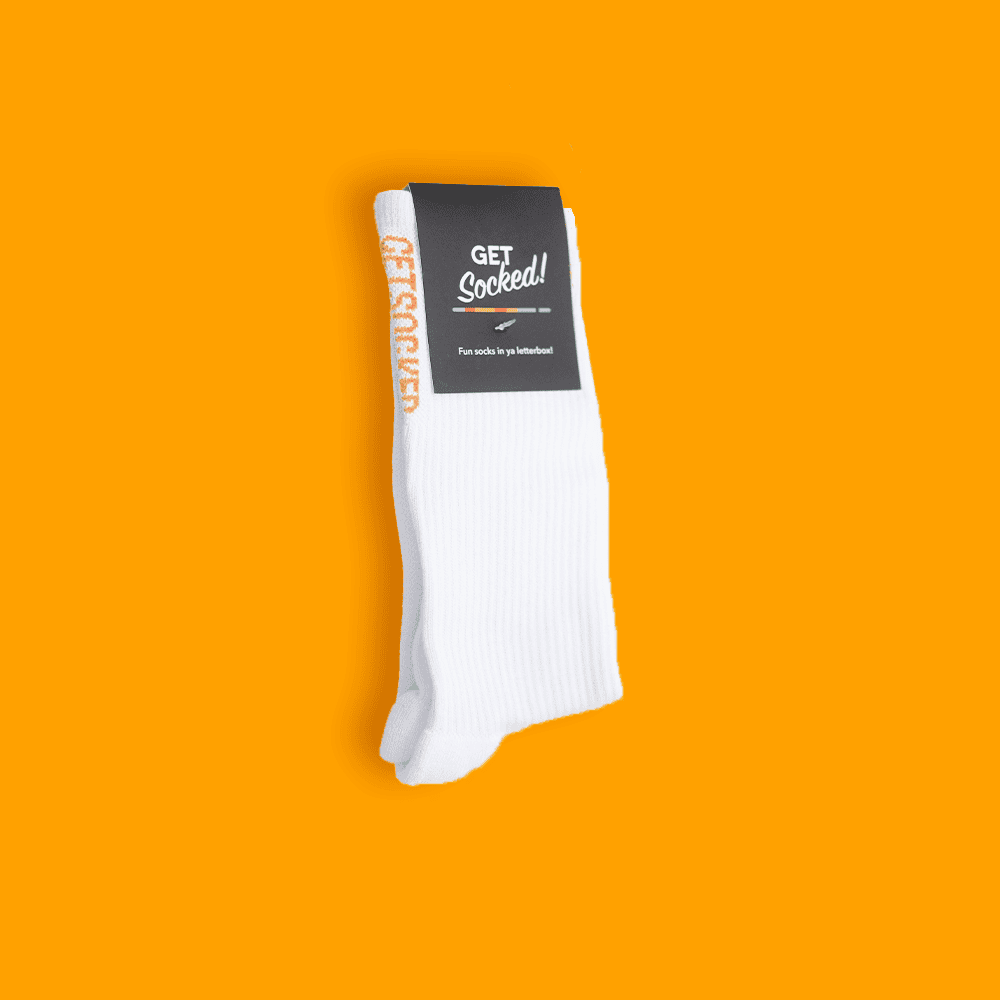 Gym Socks - White with Orange Writing - Australias #1 Rated Socks GetSocked!