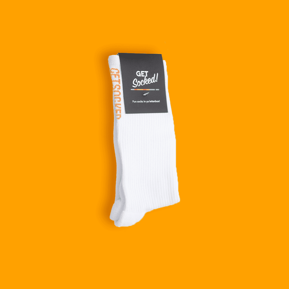 Gym Socks - White with Orange Writing
