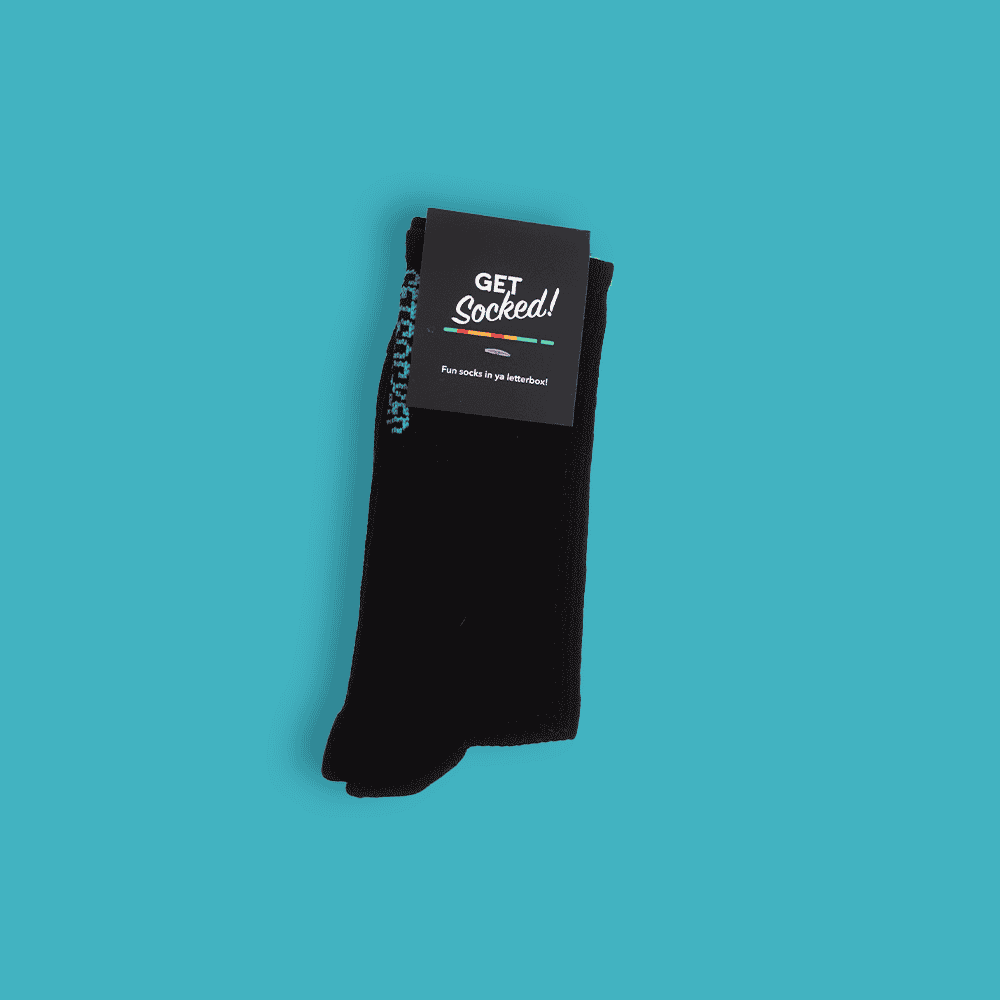 Gym Socks - Black with Blue Writing  GetSocked!
