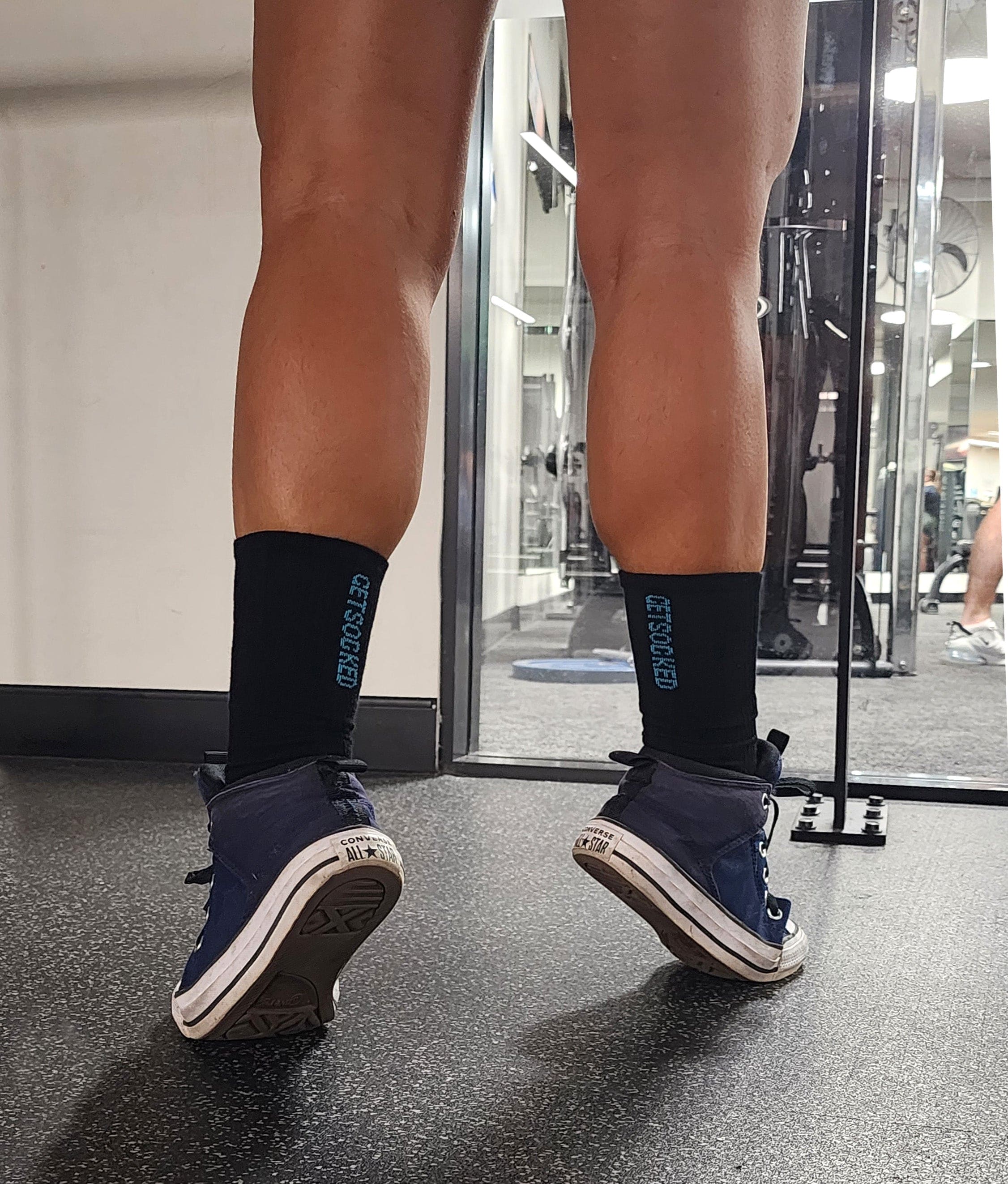 Gym Socks - Black with Blue Writing  GetSocked!