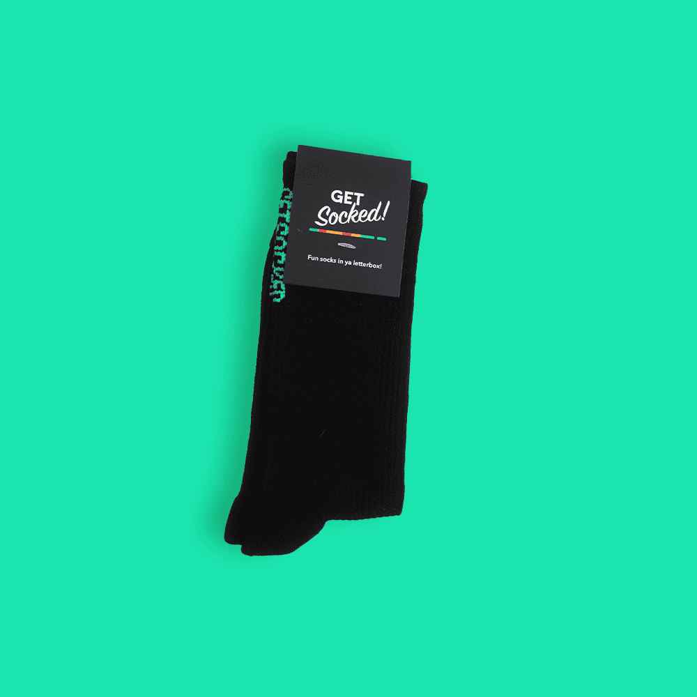 Unisex Gym Socks - Black with Green Writing - GetSocked!