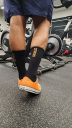 Unisex Gym Socks - Black with Orange Writing - GetSocked!