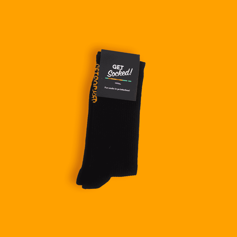 Unisex Gym Socks - Black with Orange Writing - GetSocked!