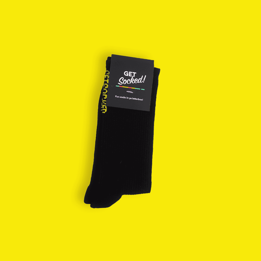 Unisex Gym Socks - Black with Yellow Writing - GetSocked!
