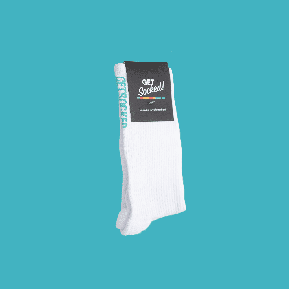 Unisex Gym Socks - White with Blue Writing - GetSocked!