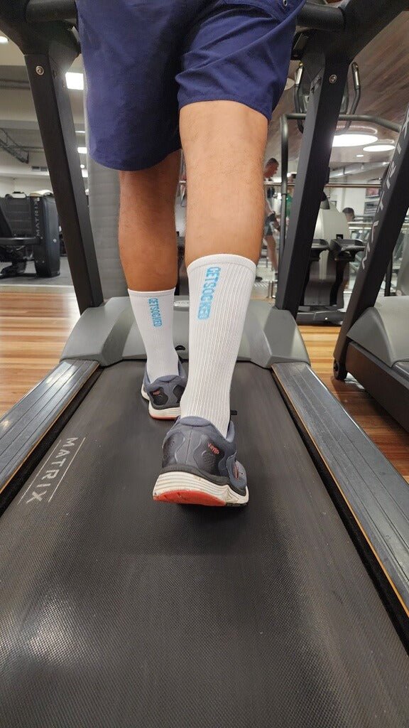 Unisex Gym Socks - White with Blue Writing - GetSocked!