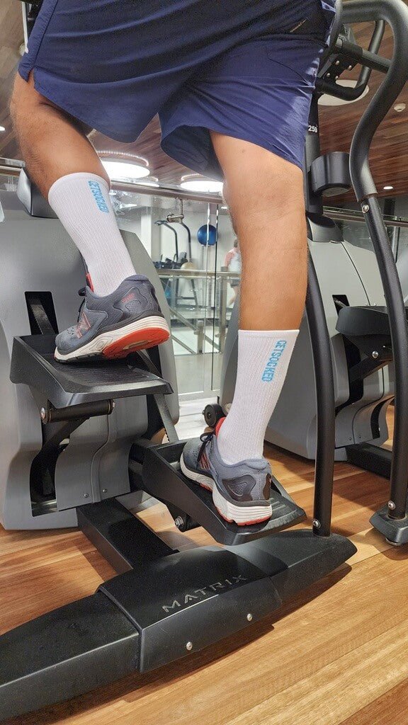Unisex Gym Socks - White with Blue Writing - GetSocked!