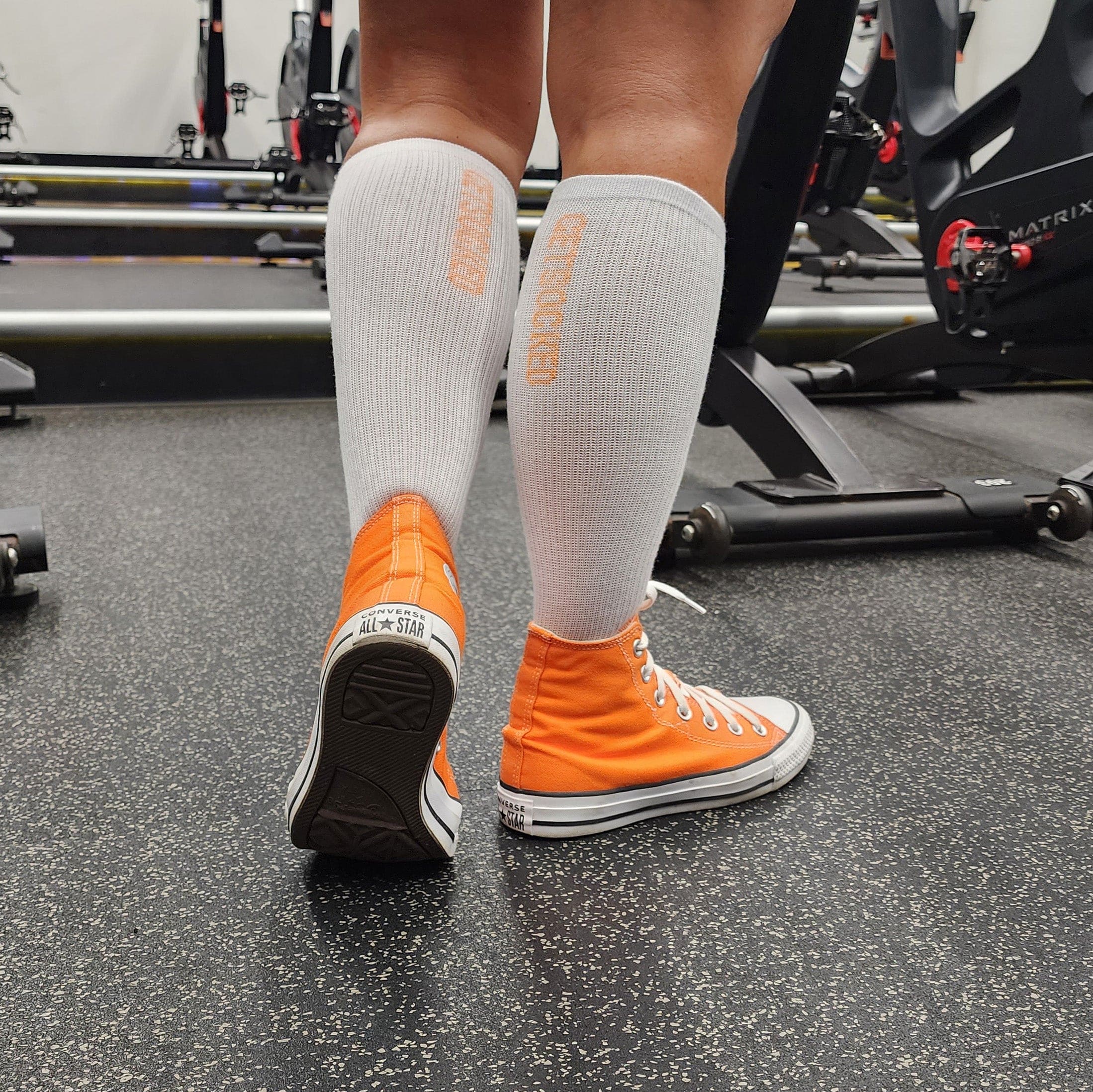 Gym Socks - White with Orange Writing - Australias #1 Rated Socks GetSocked!