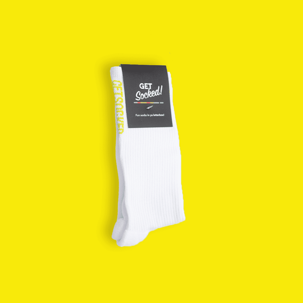 Gym Socks - White with Yellow Writing - Australias #1 Rated Socks GetSocked!
